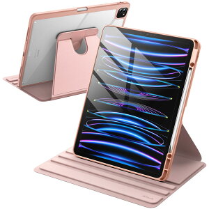 JETech ��]�P�[�X iPad Pro 12.9�C���`�p (2022/2021/2020/2018) Pencil�z���_�[�t�� 360°��]�ی� �X�^���h�J�o�[ �N���A�o�b�N �����E�F�C�N/�X���[�v (���[�Y�S�[���h)