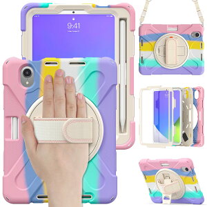 Moogukadan iPad Mini 6/iPad Mini 7�iA17Pro�j �p�̃P�[�X �΂ߊ|�� �J���t�� 360°��] �X�^���h �V�����_�[�X�g���b�v �n���h�x���g �y���z���_�[�t�� ��� �ϏՌ� �V���R�� �J�o�[ �L�b�Y (���F�s���N