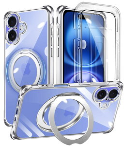 Cexitesuo For iPhone 16 Plus �P�[�X �N���A �����O�t�� 360°��]�X�^���h �c�����Ή� �ϏՌ� �K���X�t�B�����t�� �A�C�t�H�� 16Plus �J�o�[ �y�� ���^ �l�C iphone 16 plus �X�}�z�P�[�X ���� TPU �l�����G