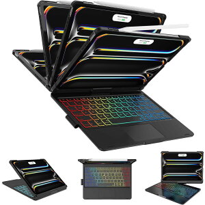 �y360°��]�X�^���h�ziPad Pro 11�C���` �L�[�{�[�h�P�[�X M5 (2025) / M4 (2024) �Ή� �^�b�`�p�b�h���� 7�F�o�b�N���C�g ��̌^ �y���z���_�[�t�� �ϏՌ� �I�[�g�X���[�v �S�ʕی�J�o�[ (�u���b�N)