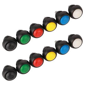 TOOHUIR 12個 丸いボタンスイッチ 押しボタンスイッチ SPST ON/OFF モメンタリノンロックプッシュボタンスイッチ (装着内径12mm) (赤、緑、黄、青、黒、白)