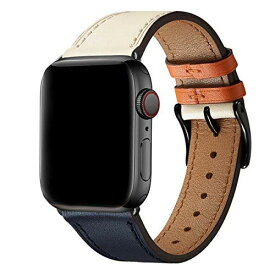 WFEAGL コンパチブル Apple Watch バンド，は本革レザーを使い、iWatch Series 6/SE/ 5/4/3/2/1、Sport、Edition向けのバンド交換ストラップです コンパチブル アップルウォッチ バンド (38mm 40mm， ダークブルーのアイボリー バンド+黒 四角い バックル)