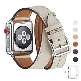 Apple Watch バンド，　本革レザーを使い、iWatch Series 6/SE/ 5/4/3/2/1、Sport、Edition向けのバンド交換ストラップです コンパチブル アップルウォッチ バンド (38mm 40mm， 二重巻き型 アイボリーホワイト)
