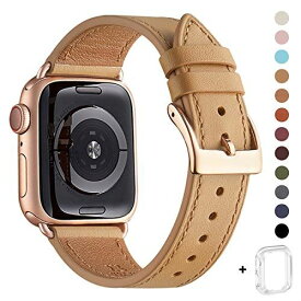 WFEAGL コンパチブル Apple Watch バンド，は本革レザーを使い、iWatch Series 6/SE/ 5/4/3/2/1、Sport、Edition向けのバンド交換ストラップです コンパチブル アップルウォッチ バンド (42mm 44mm， キャメル バンド+ゴールド 四角い バックル)