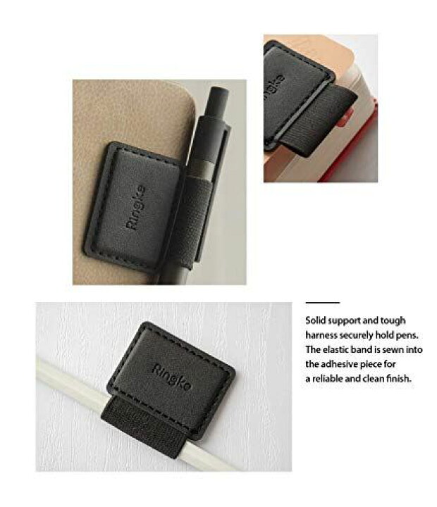 3 Pack ペンホルダー 革 タッチペンケース 接着シール式 ペンケース ペンループ Pen Loop Holder 手帳 日記帳 Black 黒 誕生日プレゼント