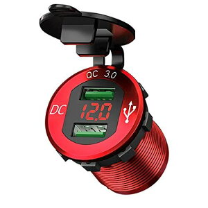 Kaedear(カエディア) バイク USB 電源 急速 充電 デュアル 2 ポート 充電器 QC3.0 アルミ製 デジタル LED 電圧計 12V-24V DC12V レッド