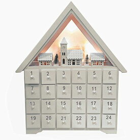 Christmas Advent Calendar 木製白いハウス型のクリスマスいアドベントカレンダには24個引き出しとLEDライトが付く(28x6x33.5cm, White)