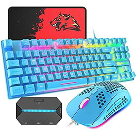 ゲーミングキーボード マウス コンバータ付き 88キー 軽量 LEDバックライト USB接続 エルゴノミック 防水 ゲーマーやタイピストに最適、6400DPIゲーミングマウス マウスパット付き 日本語取扱説明書付き PC blue