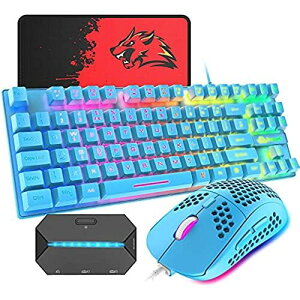 ゲーミングキーボード マウス コンバータ付き 88キー 軽量 LEDバックライト USB接続 エルゴノミック 防水 ゲーマーやタイピストに最適、6400DPIゲーミングマウス マウスパット付き 日本語取扱