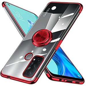 OPPO Reno5 A ケース リング クリア reno5a カバー スマホケース 赤 メッキ加工 TPU 耐衝撃 一体型 スタンド機能 車載ホルダー ストラップホール付き 携帯ケース レッド