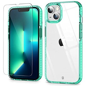 SHIELDON iPhone 13 ケース 黄変防止 薄型 耐衝撃 傷防止 PC素材 TPEバンパー TPU ガラスフィルム1枚付属 透明 軽量 2021年発売 スマホケース アイフォン13ケース 6.1インチ対応 クリアとグリーン