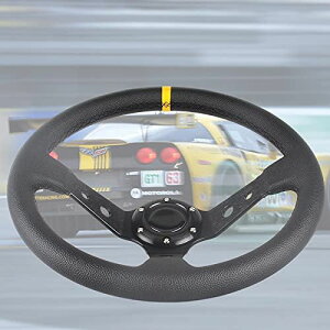 VEHSUN ステアリング 35φ 車用 カー ハンドル ディープコーン ブラックスポーク スポーツタイプ 軽量アルミニウム ライチ柄 ステアリングホイール PVC防錆 車用 ホーンボタン付き/黒 pvc-黄色