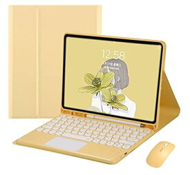 iPad 第 6 世代 5 世代 9.7インチ Air2 キーボード ケース マウス セット タッチパッド搭載 丸いキー 2021新型 在宅 ワーク ペン収納 アイパッド6 アイパッド5 カバー Bluetooth カラーキーボード付き (iPad5/iPad6/Air2, 黄色)