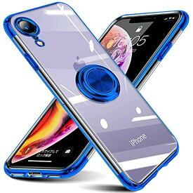 iPhone XR ケース リング付き クリア アイフォン XR クリア ケース リング 透明 柔軟 TPU 耐衝撃 車載ホルダー対応 スタンド機能 米軍MIL規格 ストラップホール付き 薄型 軽量 擦り傷防止 ... ブルー