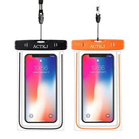 防水ケース ACTKJ スマホ用 IPX8 夜間発光 水面上にフローティング iPhone X / 8/7/6 / Plus IPX8認定 防水携帯ケース ネックストラップ付属 各種のスマホ防水ケース6インチまで対応- オレンジと黒