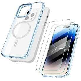 Skycase iPhone 14 Proケース クリア TPU素材 [MagSafe対応] ワイヤレス充電対応 [ガラスフィルム*2枚を贈] 超薄型 軽量 耐衝撃 すり傷防止 黄変防止 滑り止め レンズ保護 全透明 iPhone14 Pro(6.1インチ) ブルー