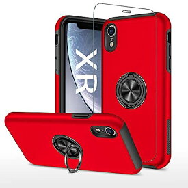 スマホケース iPhone xr ケース + アイフォン xr ?化 ガラス 保護 フィルム リング スタンド 付き 耐衝撃 xrケース xrケース 背面 カバー レッド