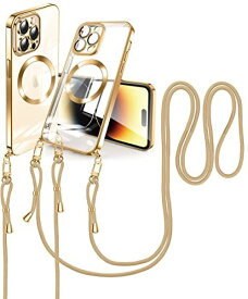 iPhone 14 Pro Max ケース iPhone14 Pro Max スマホケース クリア ショルダー ネック MagSafe対応 ワイヤレス充電 ストラップ付き 調節可能 マグネット搭載 ハイブリッド磁気ケース ... ゴールド