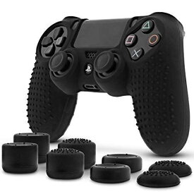 PS4 プレーステーション 4 コントローラー用 PlayStation Dualshock 4 対応用 シリコン スキン ケース 保護カバー x 1 + アナログスティックカバー ジョイスティックカバー FPS PRO アシストキャップ x 8 耐衝撃 | 超耐磨 | 滑り止め(ブラック/グレー)