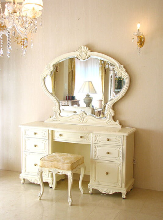 輸入家具 オーダー家具 プリンセス家具 ビバリーヒルズ ドレッサー 一面鏡 ホワイト色 シャンパンゴールドのスツール  ウエストハウスギャラリー