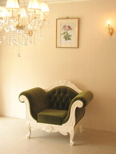 1Pソファ ローズフラワーブーケの彫刻 ホワイト色 グリーンベルベットの張地 輸入家具 オーダー家具 プリンセス家具