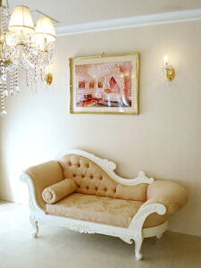 カウチソファ W170cm ホワイト色 リボンとブーケ柄イエローゴールドの張地 輸入家具 オーダー家具 姫系家具 プリンセス家具