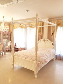輸入家具 オーダー家具 姫系家具 プリンセス家具 天蓋付きベッド クラシックスタイル セミダブルサイズ ホワイト色