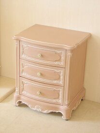 ナイトテーブル シェルの彫刻 引出し3杯 ピンクベージュ色　輸入家具 オーダー家具 プリンセス家具 姫系家具
