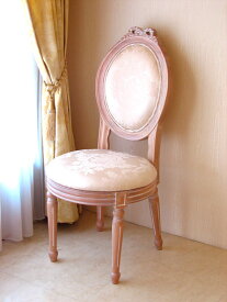 オーバルチェア ルイ16世スタイル リボンの彫刻 ピンクベージュ色 リボンとブーケ柄オフホワイトの張り地 輸入家具 オーダー家具 プリンセス家具 姫系家具 姫系 姫 椅子 いす