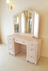 ドレッサー W120cm 薔薇の彫刻 ピンクベージュ色　　輸入家具 オーダー家具 姫系家具 プリンセス家具