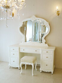 ドレッサー W150cm 一面鏡 ビバリーヒルズの彫刻 ホワイト色 ホワイトベルベットの張地　輸入家具 オーダー家具 姫系家具 プリンセス家具