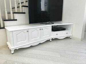 コーナーTVボード W180cm ローズ&リボンの彫刻 3枚扉 引出し2杯 スーパーホワイト色 輸入家具 オーダー家具 姫系家具 プリンセス家具 姫系 姫 収納 収納棚 棚 リビングボード リビング 白家具