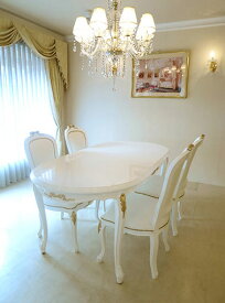 ラ・シェル ダイニングテーブル180 オードリーリボンの彫刻 スーパーホワイトグロス色 ゴールドの彩色　　輸入家具 オーダー家具 姫系家具 プリンセス家具