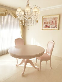 ビバリーヒルズ ダイニングテーブル ラウンド1本脚 オードリーリボンの彫刻 バービーピンク色　　輸入家具 オーダー家具 姫系家具 プリンセス家具