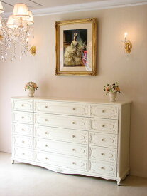 チェストW180cm 引出し5段15杯 ホワイト 薔薇の彫刻　輸入家具 オーダー家具 プリンセス家具 姫系家具