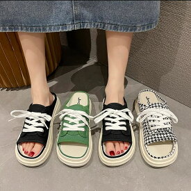 全4色 スポーツサンダル スニーカー レディース チェック柄サンダル サマーサンダル ミュールサンダル オープントゥ ぺたんこ靴 レースアップ 歩きやすい 美脚