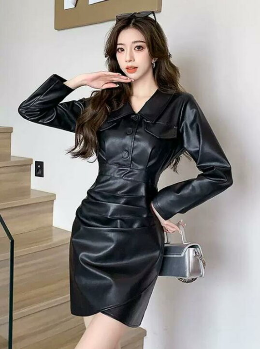 楽天市場】【送料無料】 レザーワンピース PUレザー 長袖 レディース  
