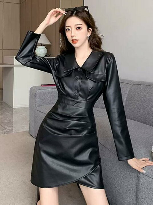 楽天市場】【送料無料】 レザーワンピース PUレザー 長袖 レディース  