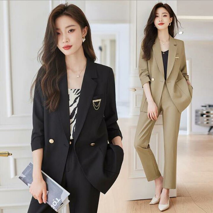 楽天市場】七分袖テーラードジャケット ロングパンツ スーツ 2点セット  
