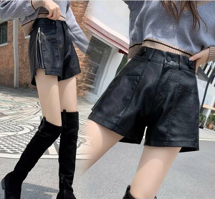 楽天市場】サイドジッパー付き フェイクレザー ショートパンツ 