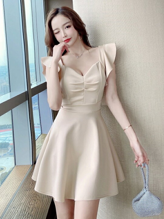 楽天市場 Aラインワンピース ショート丈 シルエット フレアスリーブ 背中見せ カシュクール ワンピース 成人式 披露宴 ドレス 代 30代 セクシー 上品 ゾゾミ