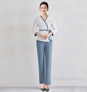 エステ サロン ユニフォーム 女性 制服 おしゃれ Vネック 7分袖/半袖ジャケット+パンツ パンツスーツ レディース 上下セット 無地 エステ ネイル サロンウェア スリム 細見え 通勤 仕事 介護