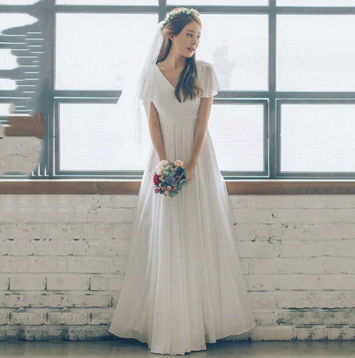 楽天市場】ウェディングドレス 袖あり Vネック 白ドレス レース A  