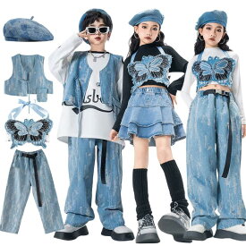 キッズ ダンス衣装 セットアップ ブルー 子供ダンス 女の子 男の子 韓国 トップス 蝶 ベスト スカート パンツ ベレー帽 ストリート ステージ衣装 韓国 練習着 HIPHOP 演出服 発表会 応援団 ダンスウェア ジュニア ダンス発表会 チアダンス