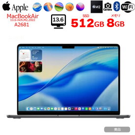 【中古】Apple MacBook Air 13.6inch MLXX3J/A A2681 2022 選べるOS TouchID [Apple M2 8コア 8G SSD512GB 無線 BT カメラ 13.6 Space Gray] ：美品