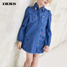 France発【IKKS】子供服 ワンピース シャツワンピース キッズ ジュニア おしゃれ かっこいい 女の子 130cm 140cm イックス デニムシャツワンピース XM30112 カシスブルー 8A-10A【本店】