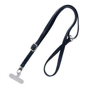 ショルダーストラップ 多機能 ネイビー 平紐 レザー ステンレスシート 2WAY 肩掛け 首掛け iPhone Android スマホ