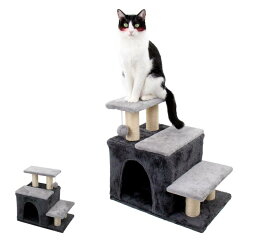 Hapineko（ハピネコ）3in1 キャットタワー ミニ 猫 犬 ステップ 段階 ハウス 爪とぎポール ボール スタイル調整可能 シニア猫/子猫/小型犬対応 ジャンプの苦手な猫ちゃん 密度UP30% MDF板採用 省