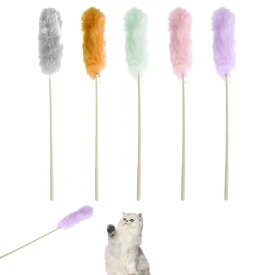 DYNAVERT 猫じゃらし 猫用逗猫棒 5本セット 軽量 カラフル 天然素材 羽根風・ふわふわ猫おもちゃ 全長38cm 猫 ストレス解消 猫の本能を刺