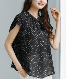 【SALE 20％OFF】【 大人フェミニン 】 ストレッチシアサッカー・アシメラッフルドットブラウス